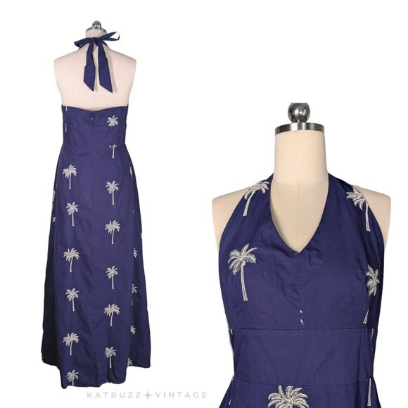Tori Richard Maxi Dress 12 Blue Halter Tropical Palm Tree Long Beachy Navy - Picture 2 of 12